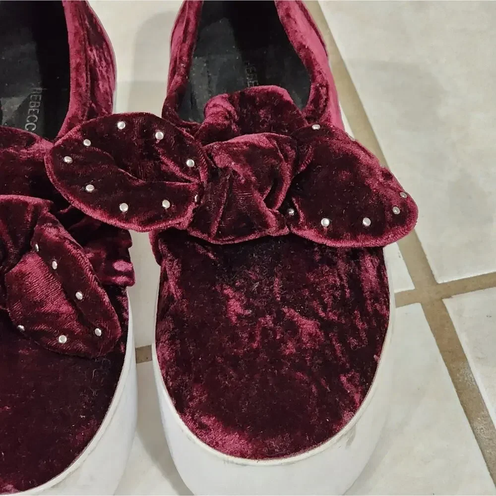 Rebecca Minkoff Burgundy Velvet Rhinestone Bow Platform Slip On Sneakers‎ 7.5
